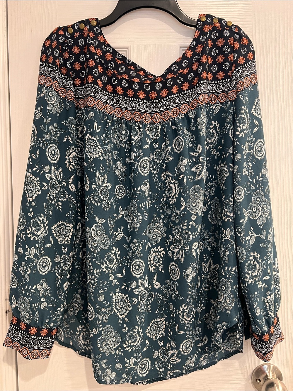 LOFT Teal White Black Floral Flowy Peasant Blouse with Rust Accent Yoke Career